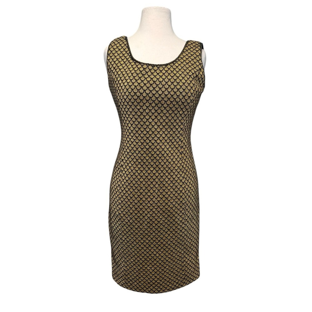 VTG Knit Party Dress sz 6 Gold Lame Black Scallop Mermaid Scales Wiggle Sheath